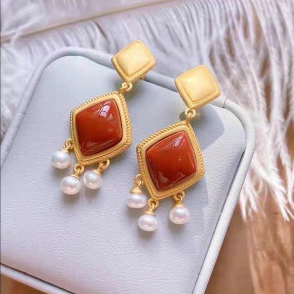 💎PRICE🔻 S925 Post Gold Plated Agate Pearl Earrings high quality real stone - Picture 3 of 5